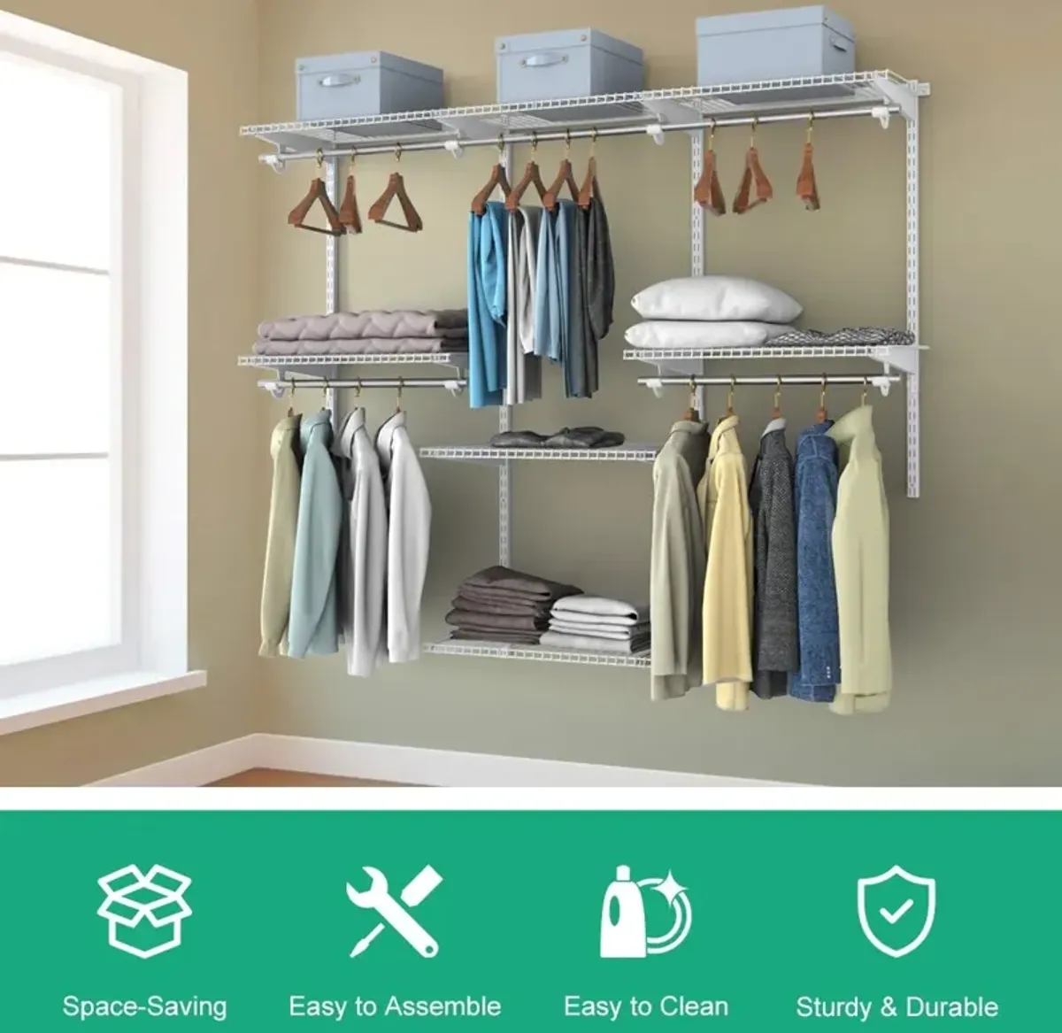 Adjustable Wall Mounted Closet Rack System with Shelf