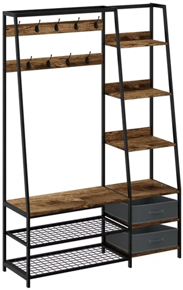 6-in-1 Freestanding Hall Tree Coat Rack with Bench and Fabric Dressers-Rustic Brown
