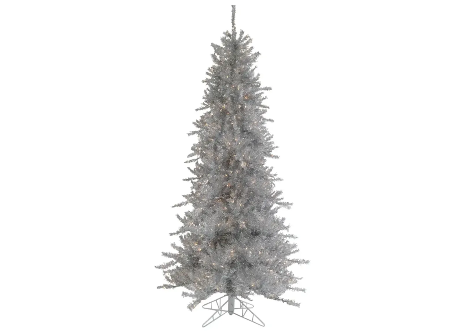 7.5' Pre-Lit Silver Tinsel Pine Slim Artificial Christmas Tree - Clear Lights