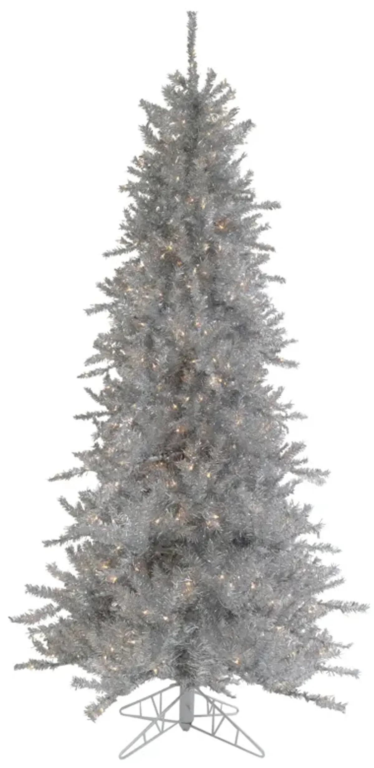 7.5' Pre-Lit Silver Tinsel Pine Slim Artificial Christmas Tree - Clear Lights