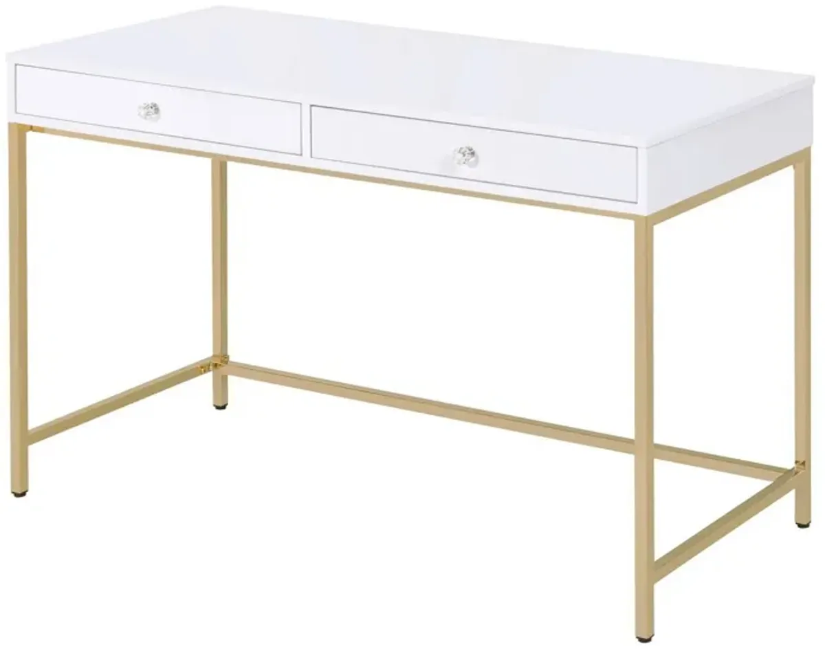 Two Drawers Wooden Desk with Tubular Metal Base, White and Gold-Benzara