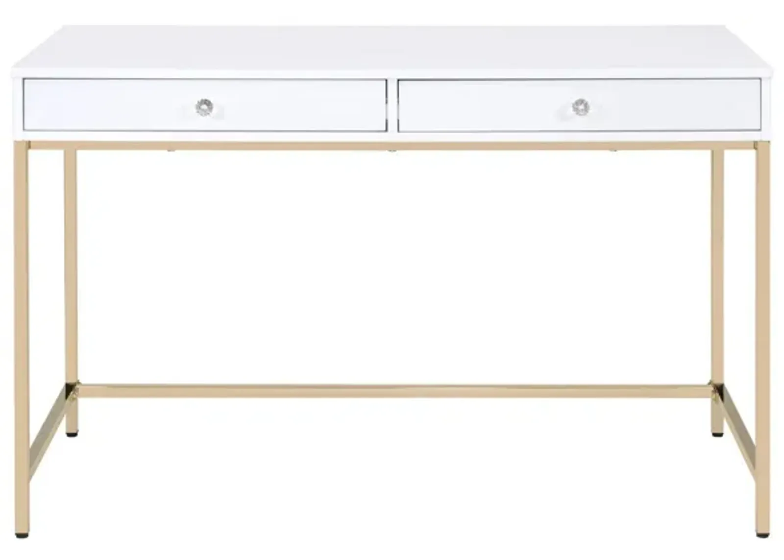 Two Drawers Wooden Desk with Tubular Metal Base, White and Gold-Benzara