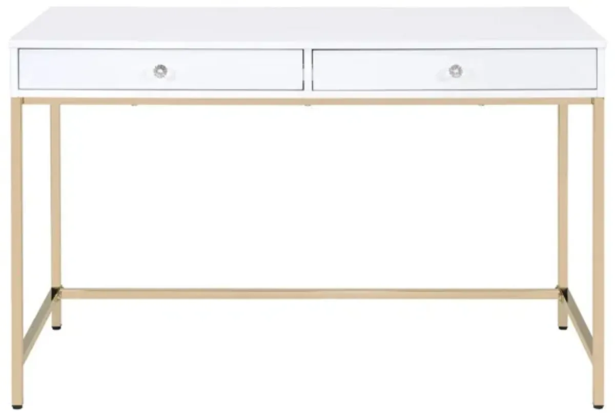 Two Drawers Wooden Desk with Tubular Metal Base, White and Gold-Benzara