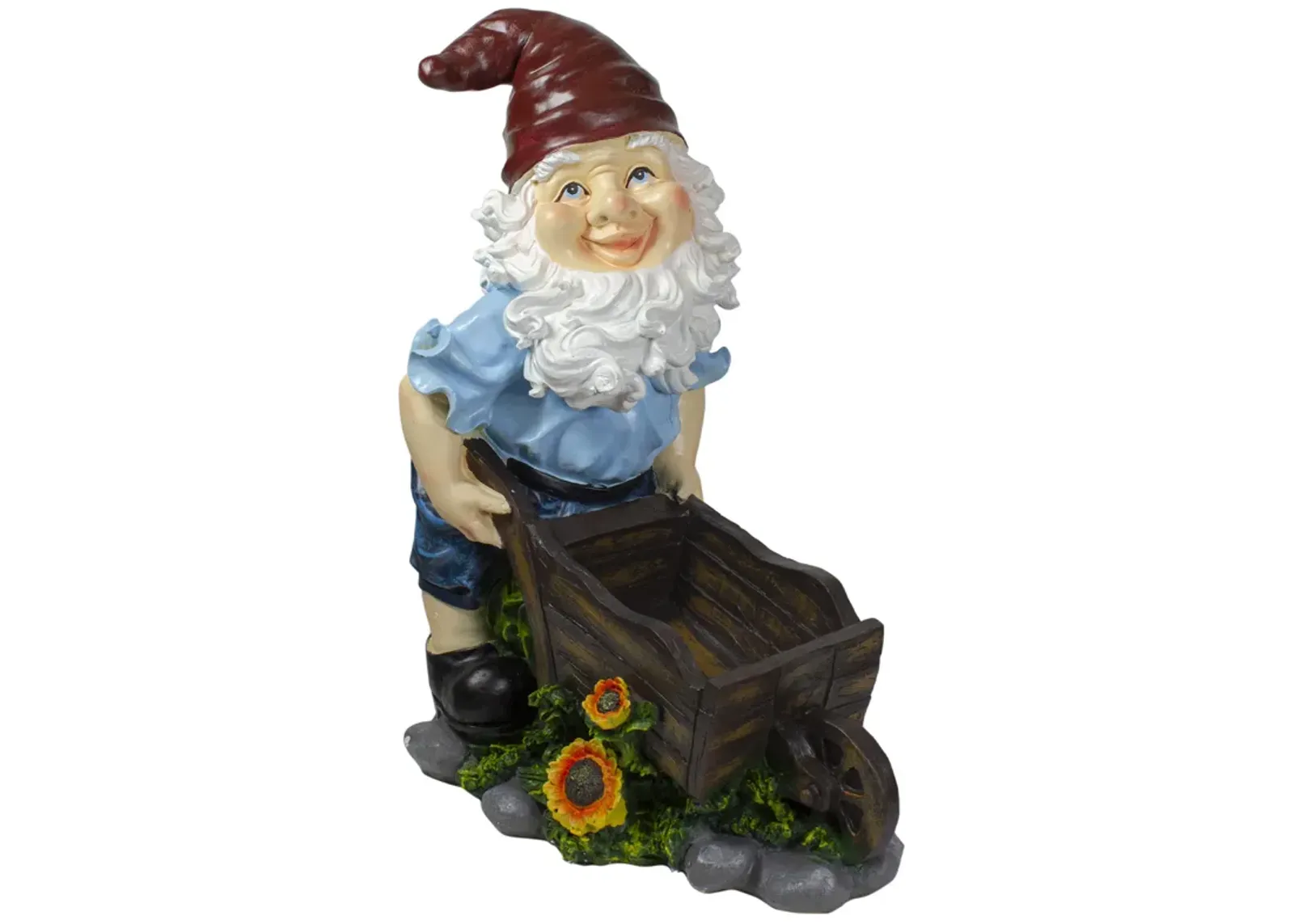 20" Blue and Brown Wheelbarrow Gnome Outdoor Garden Statue