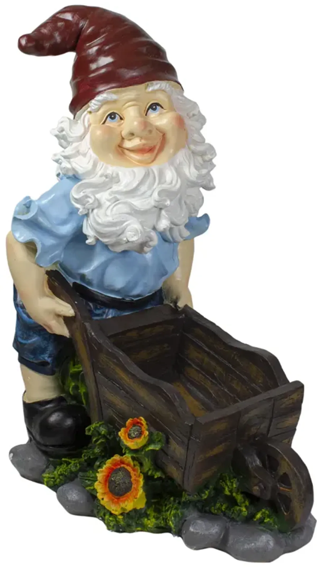 20" Blue and Brown Wheelbarrow Gnome Outdoor Garden Statue