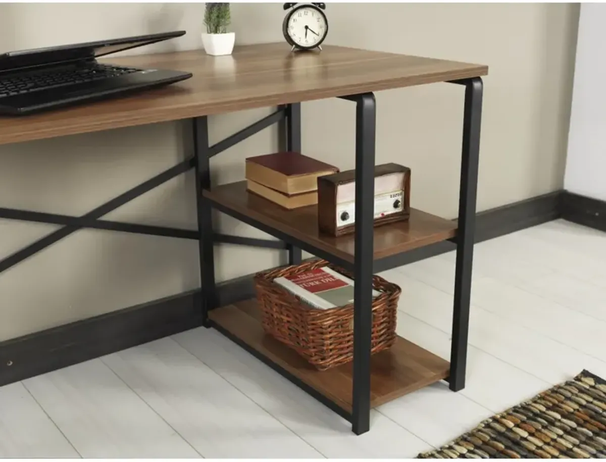 Furnish Home Store Sage Black Metal Frame 47" Wooden Top 2 Shelves Writing and Computer Desk for Home Office, Walnut