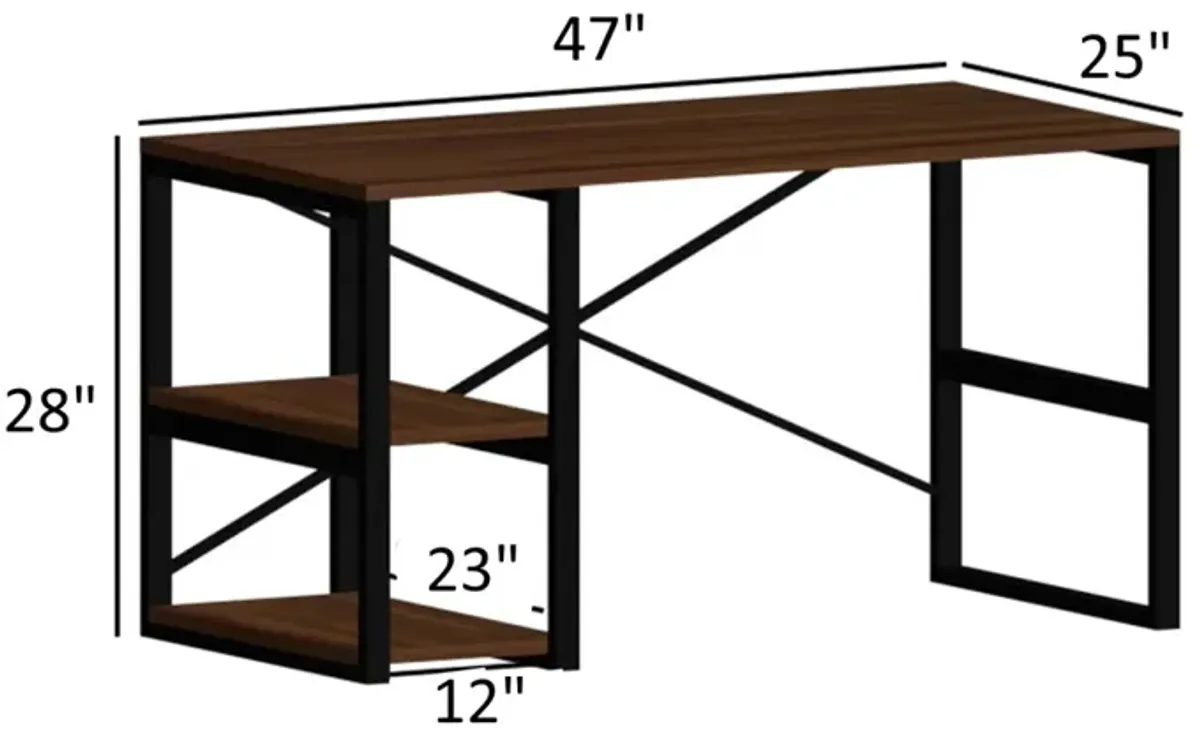 Furnish Home Store Sage Black Metal Frame 47" Wooden Top 2 Shelves Writing and Computer Desk for Home Office, Walnut