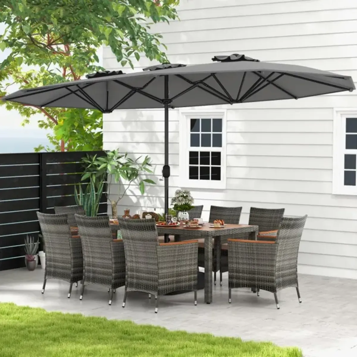 Hivvago 10 Pieces Patio Wicker Dining Set with 15 Feet Double-Sided Patio Umbrella