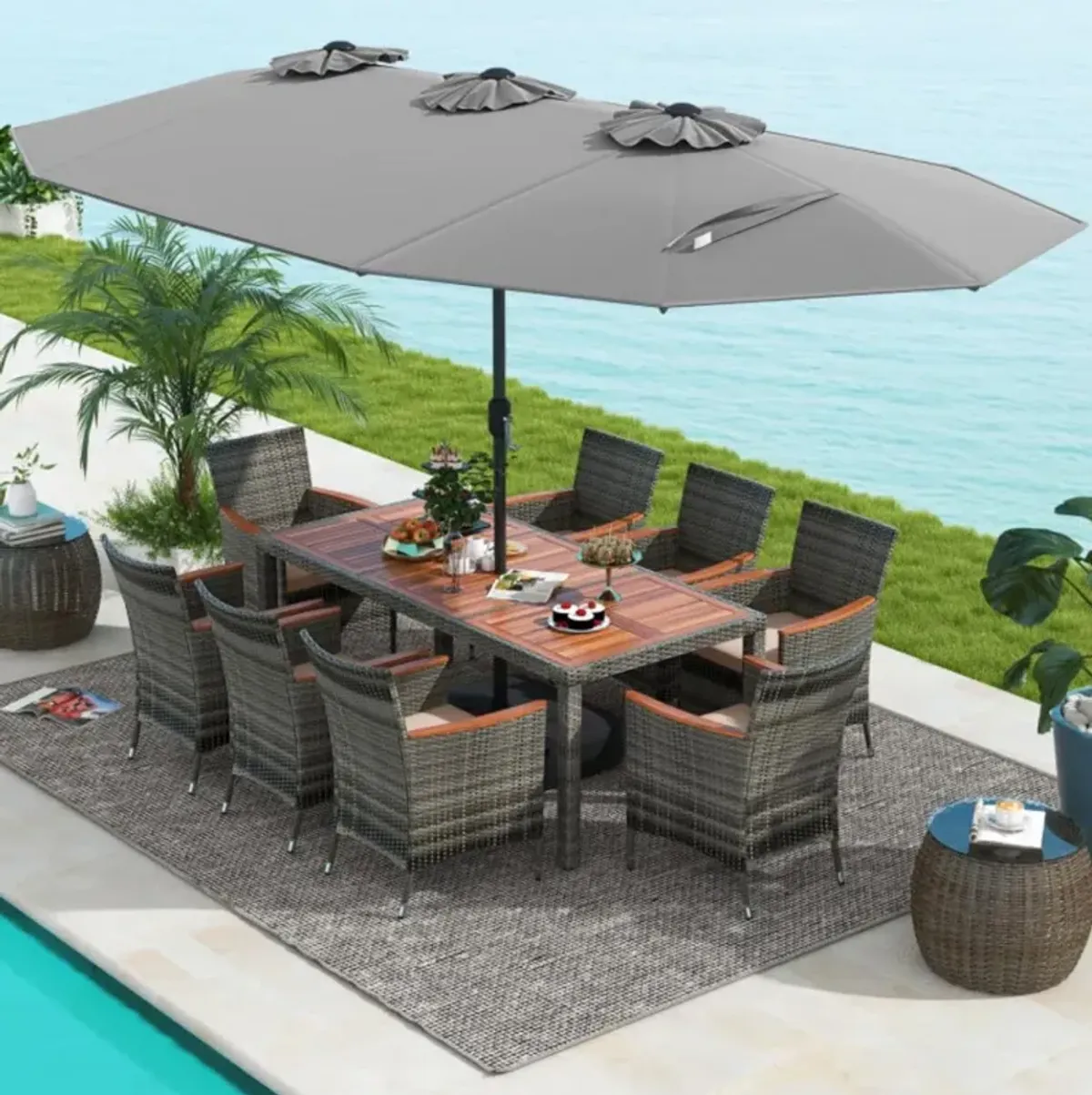 Hivvago 10 Pieces Patio Wicker Dining Set with 15 Feet Double-Sided Patio Umbrella