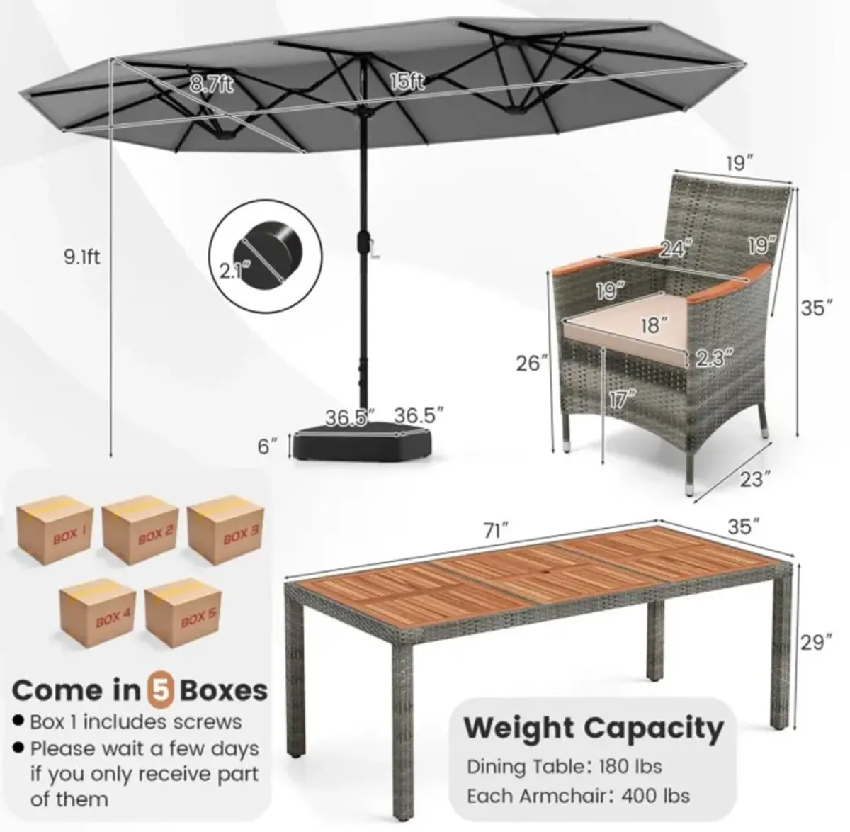 Hivvago 10 Pieces Patio Wicker Dining Set with 15 Feet Double-Sided Patio Umbrella