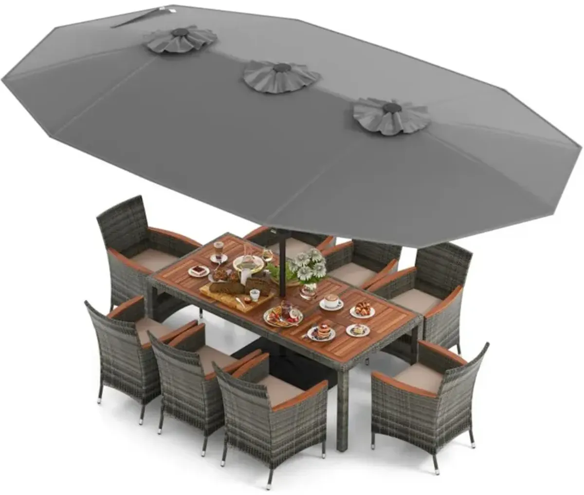 Hivvago 10 Pieces Patio Wicker Dining Set with 15 Feet Double-Sided Patio Umbrella