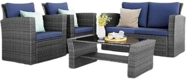 4PC Outdoor Patio Set, Grey Wicker Sofa & Chairs with Blue Cushions for Deck/Porch