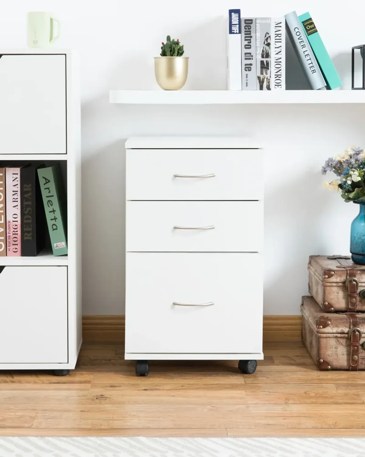 Office File Cabinet 3 Drawer Chest with Rolling Casters, White