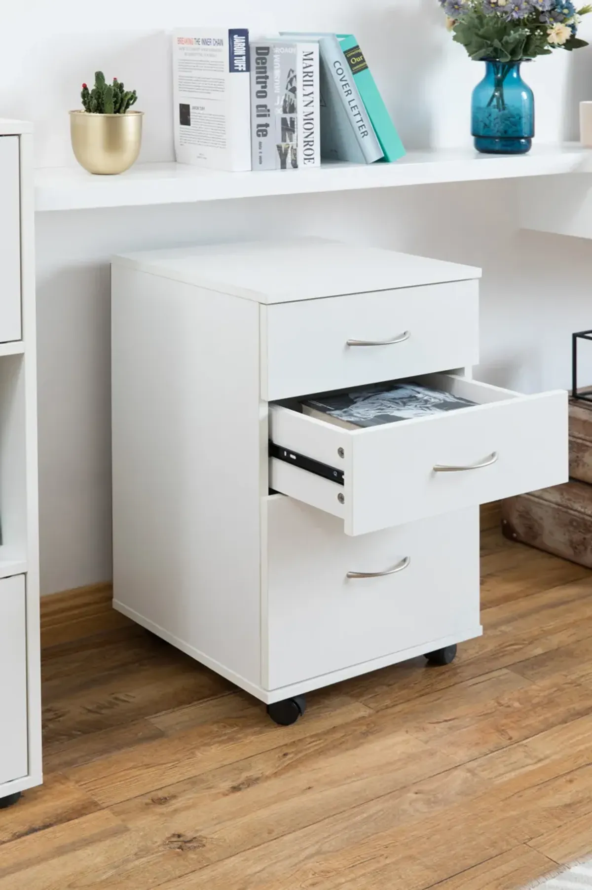 Office File Cabinet 3 Drawer Chest with Rolling Casters, White