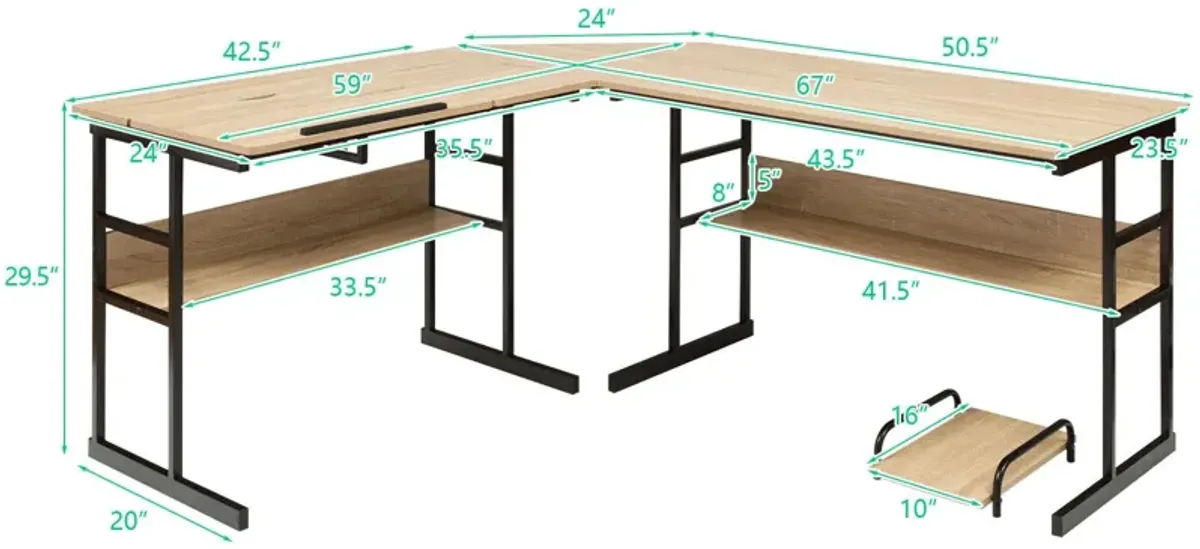 L-Shaped Computer Desk with Tiltable Tabletop