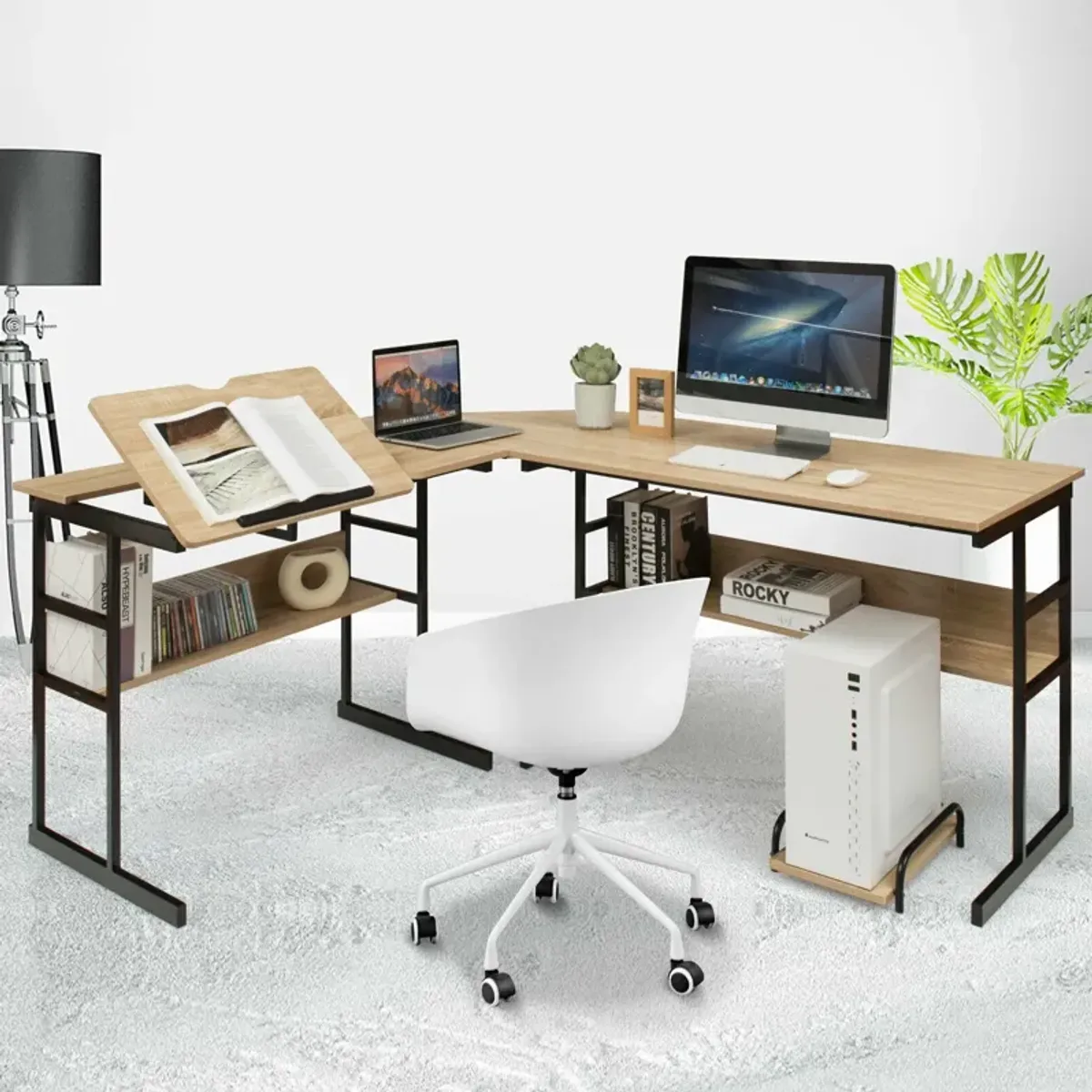 L-Shaped Computer Desk with Tiltable Tabletop