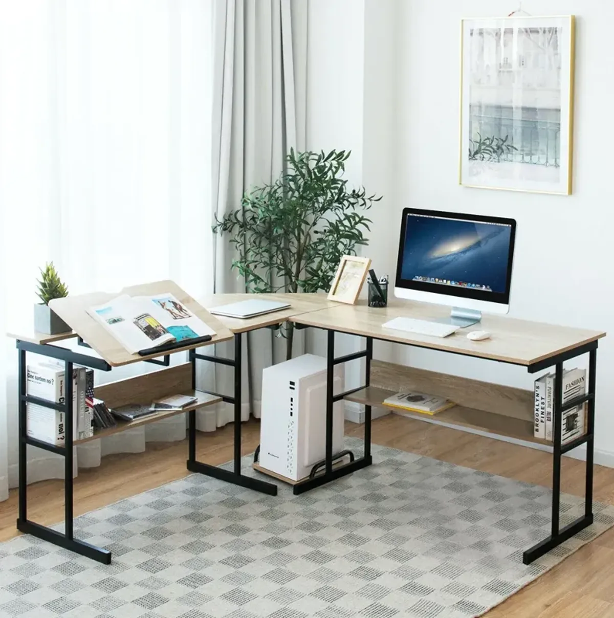 L-Shaped Computer Desk with Tiltable Tabletop