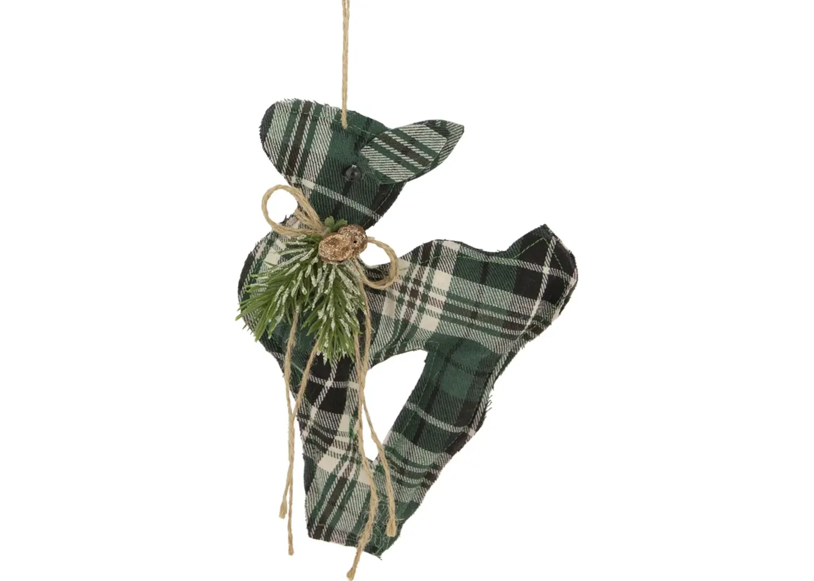 7.75" Green Plaid Fabric Deer with Pine Christmas Ornament