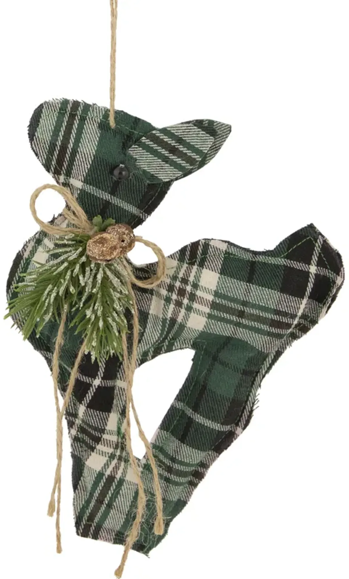 7.75" Green Plaid Fabric Deer with Pine Christmas Ornament