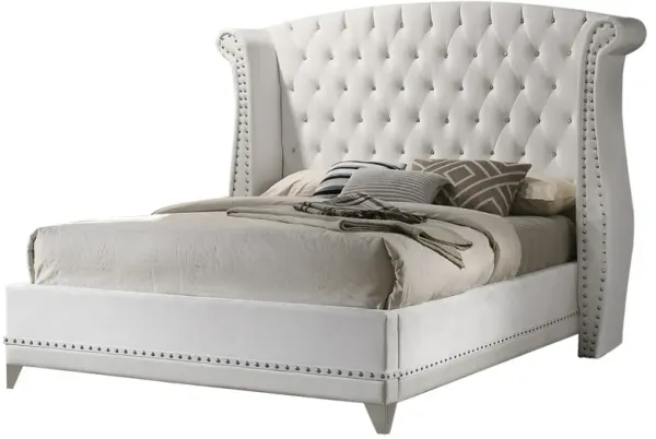 Dini Wingback Queen Bed, Crystal Button Tufting, White Velvet Upholstery - Benzara