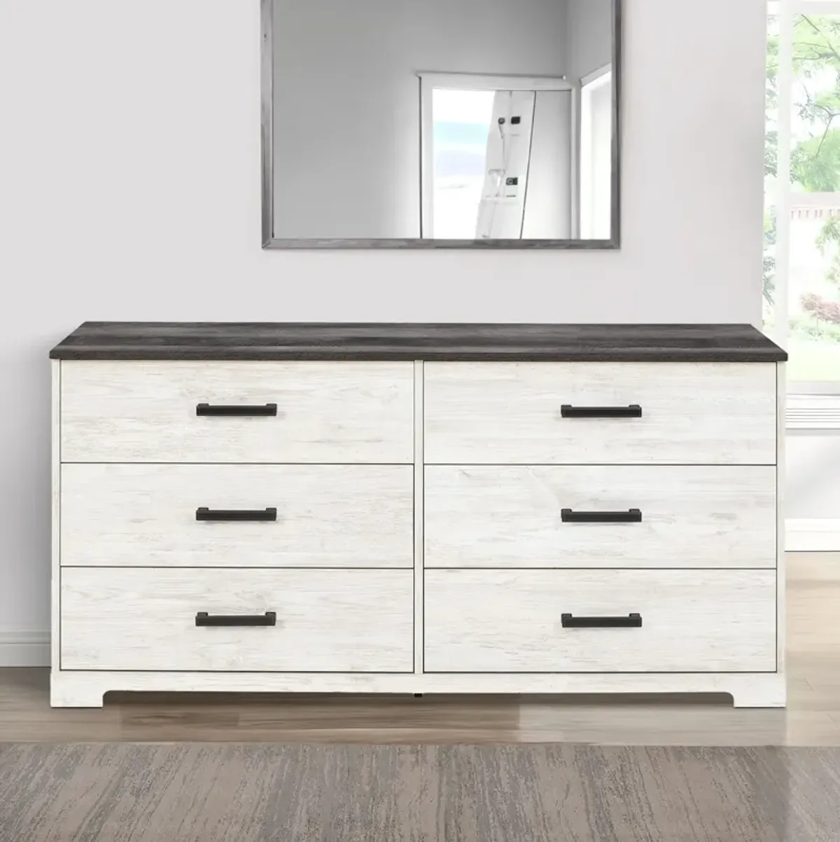 Wisp 59 Inch Wood Dresser, 6 Gliding Drawers, Rustic Crisp White Finish-Benzara