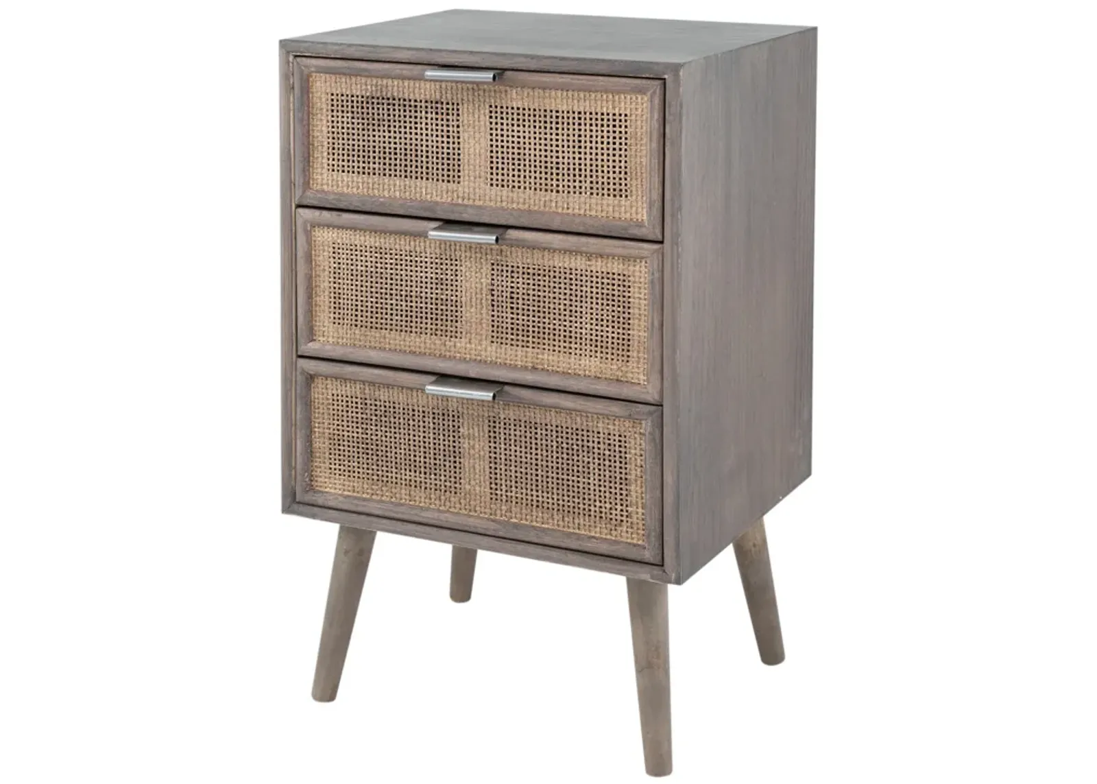 Cae 28 Inch Dresser Chest, 3 Drawers, Pine Wood, Rattan Panels, Dark Gray-Benzara