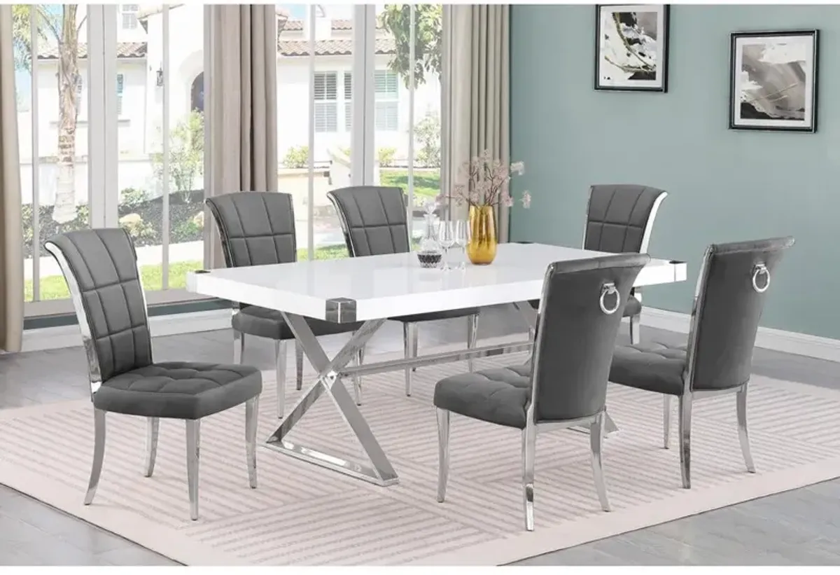Best Quality Furniture 7pc Small(78) white wood top dining set with silver base and 6 chairs