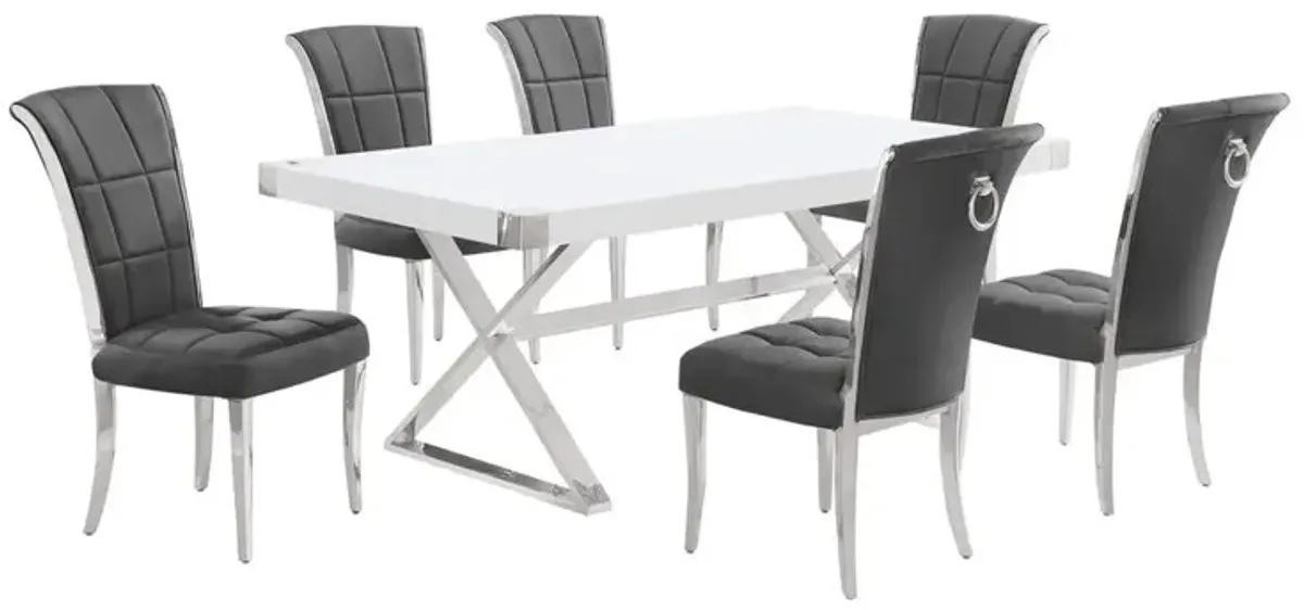 Best Quality Furniture 7pc Small(78) white wood top dining set with silver base and 6 chairs