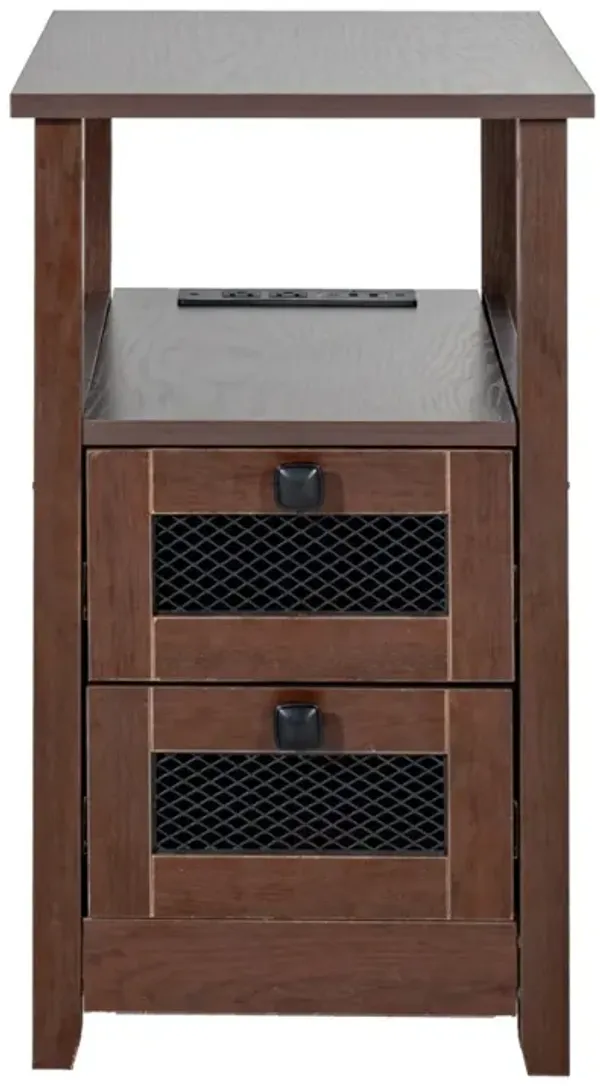 Farmhouse End Table with USB Ports Outlets 2 Drawers and Storage for Bedroom or Living Room