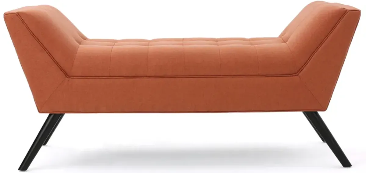 Accent Bench, Button Tufted Orange Fabric, U Shaped, Black, 52 Inch -Benzara