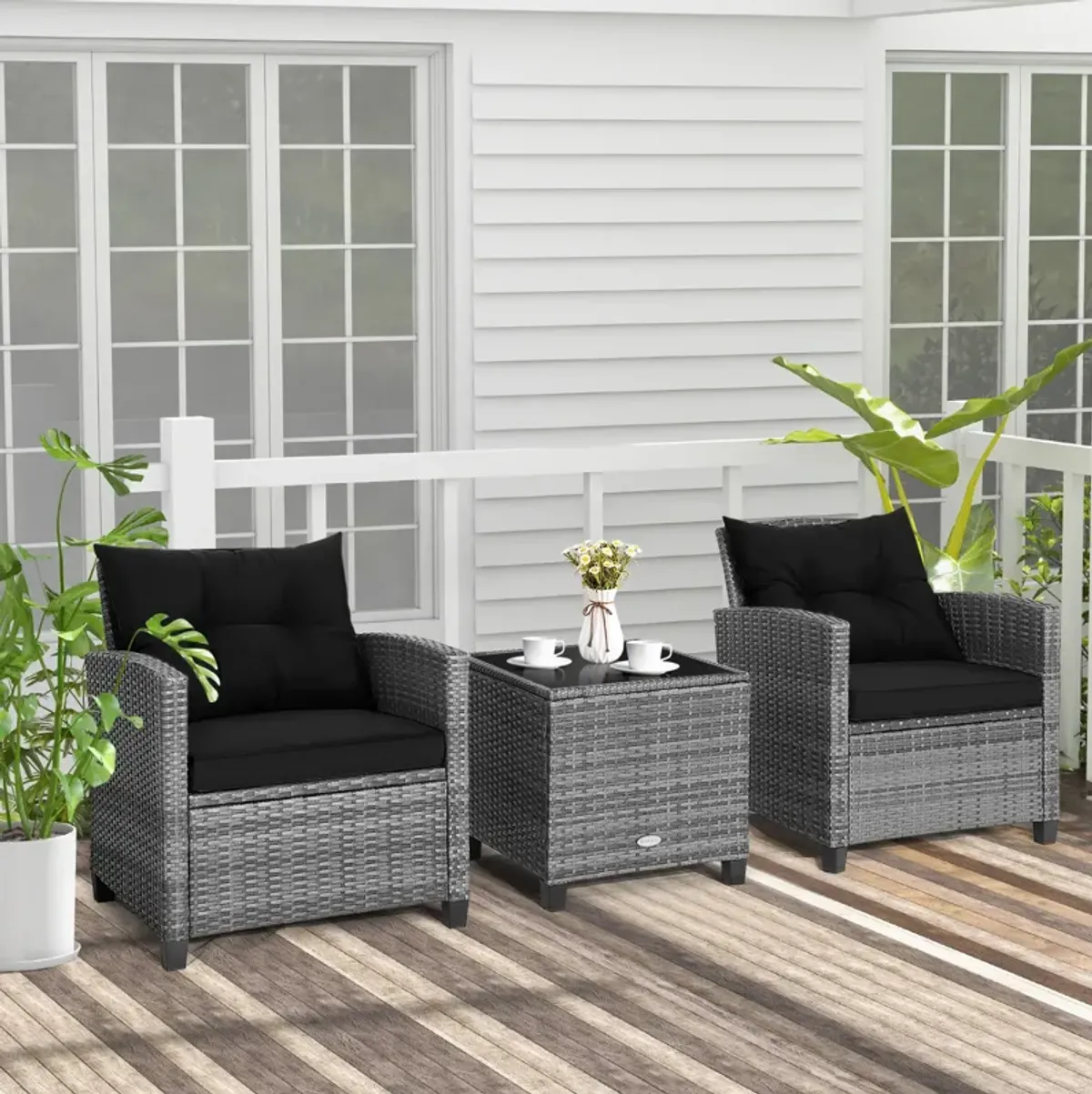 3 Pieces Outdoor Wicker Conversation Set with Tempered Glass Tabletop