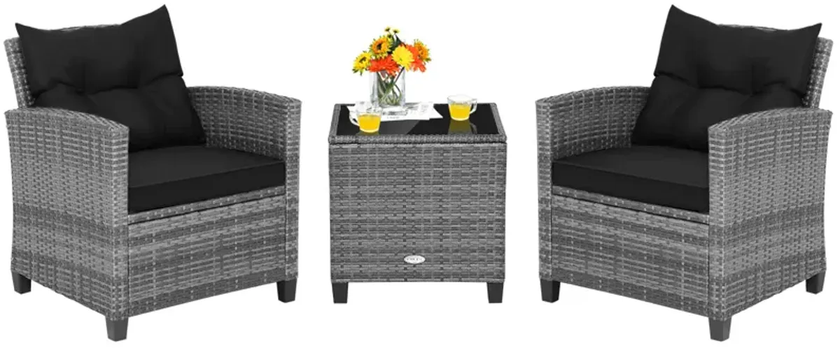 3 Pieces Outdoor Wicker Conversation Set with Tempered Glass Tabletop