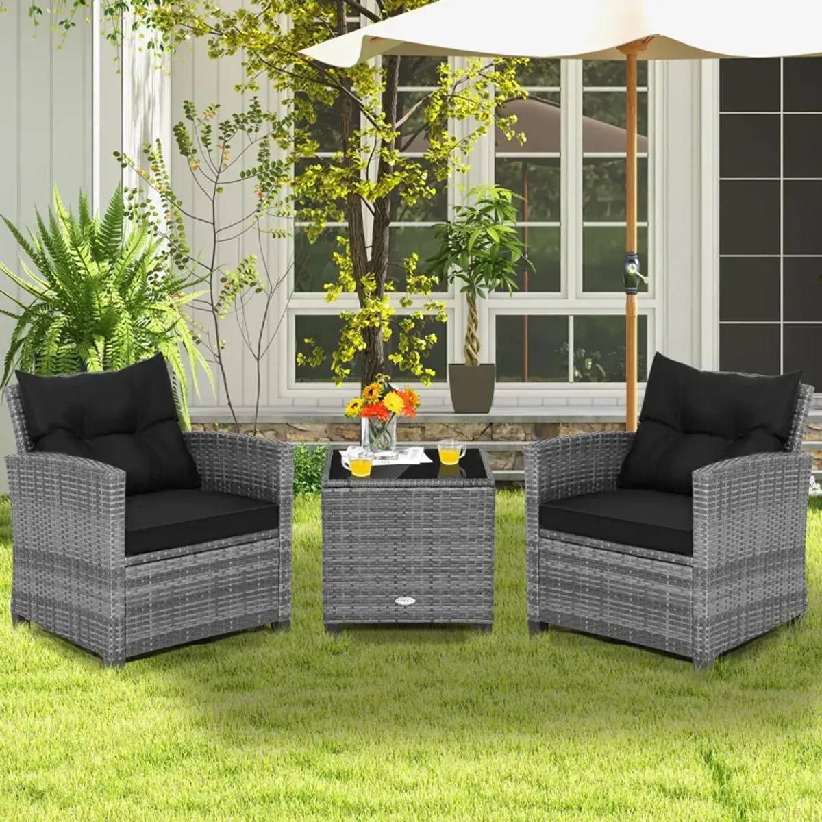 3 Pieces Outdoor Wicker Conversation Set with Tempered Glass Tabletop