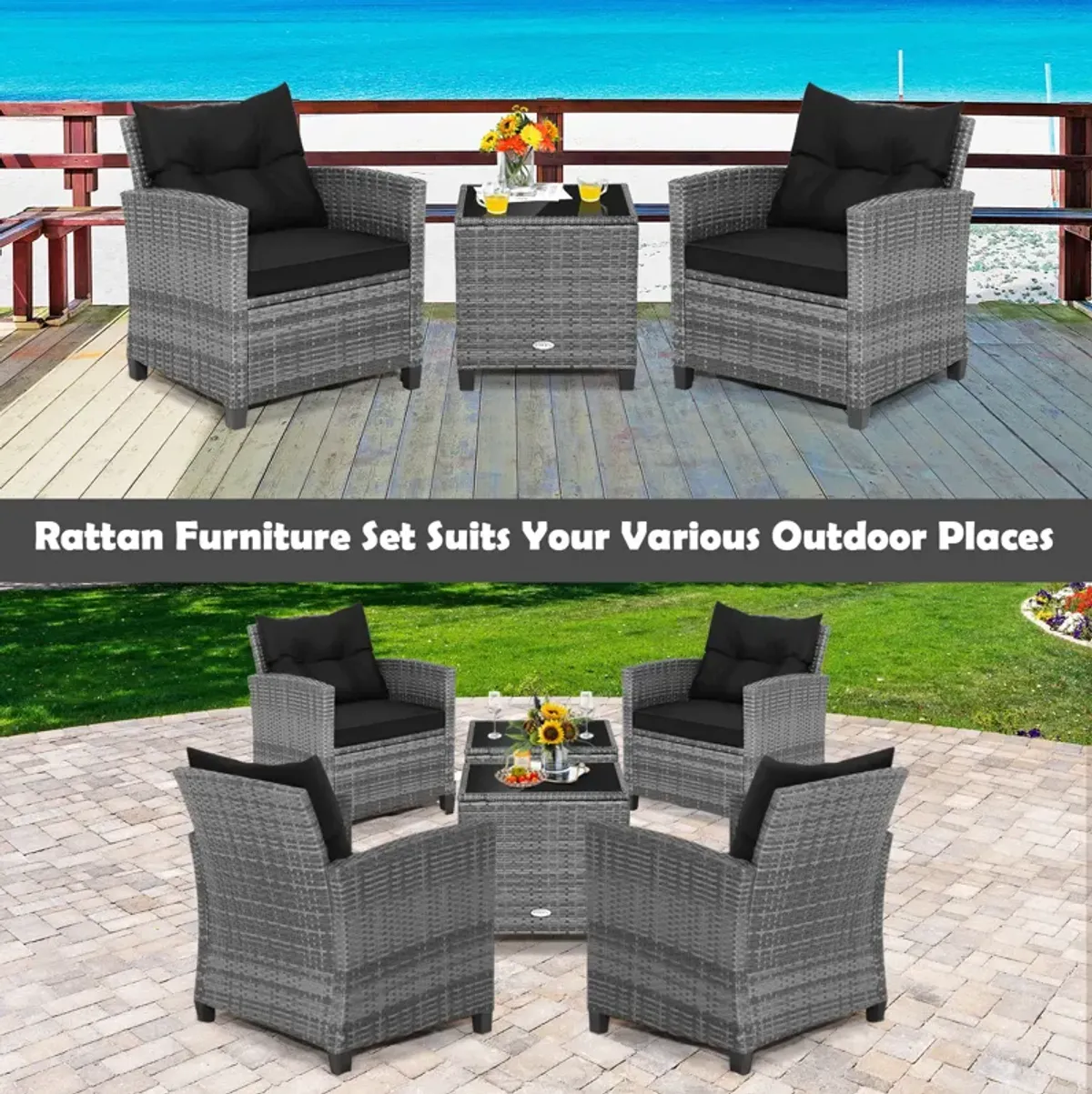 3 Pieces Outdoor Wicker Conversation Set with Tempered Glass Tabletop