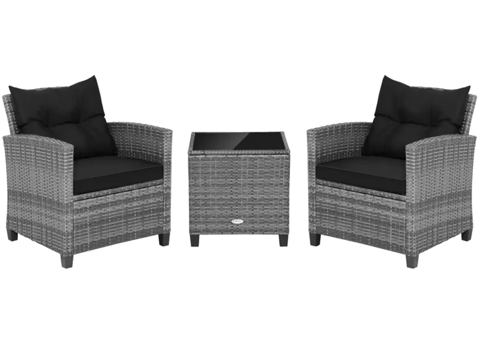 3 Pieces Outdoor Wicker Conversation Set with Tempered Glass Tabletop