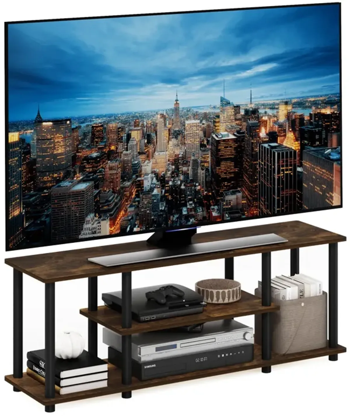 Furinno Furinno Turn-N-Tube No Tools 3D 3-Tier Entertainment TV Stands, Amber Pine/Black