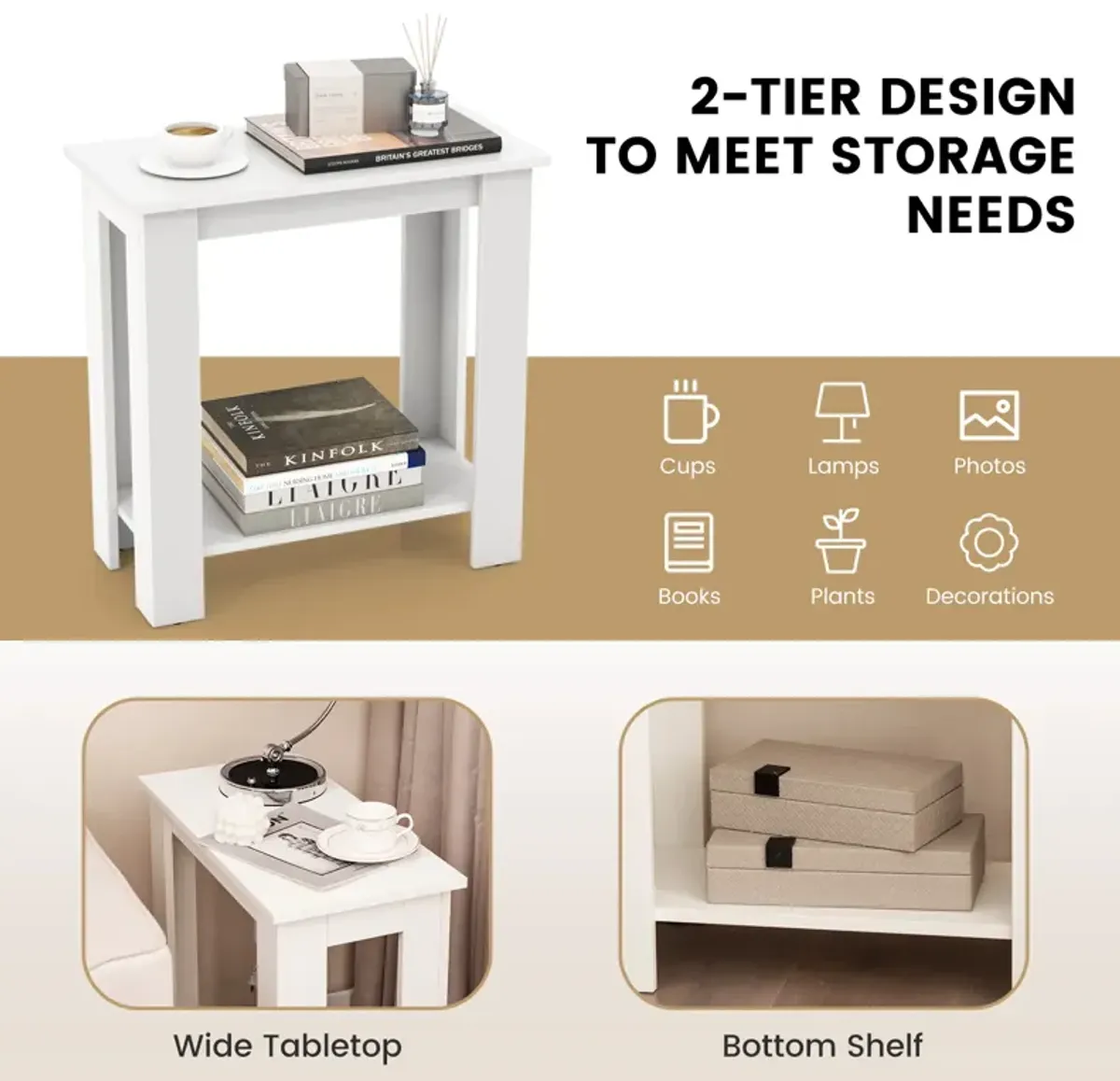 2-Tier Modern Compact End Table with Storage Shelf