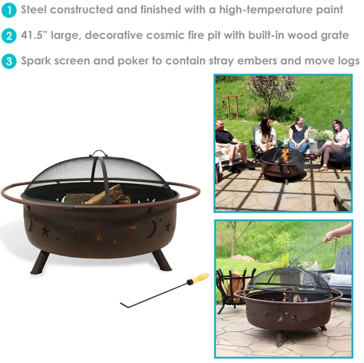 Sunnydaze 42 in Cosmic Steel Fire Pit with Spark Screen and Poker