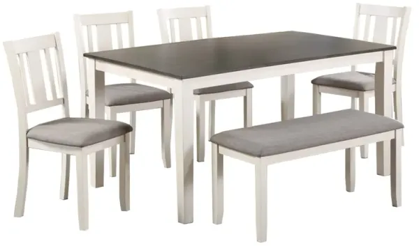 Casey 6 Piece Dining Table and Chairs Set with Bench, Farmhouse White, Gray - Benzara