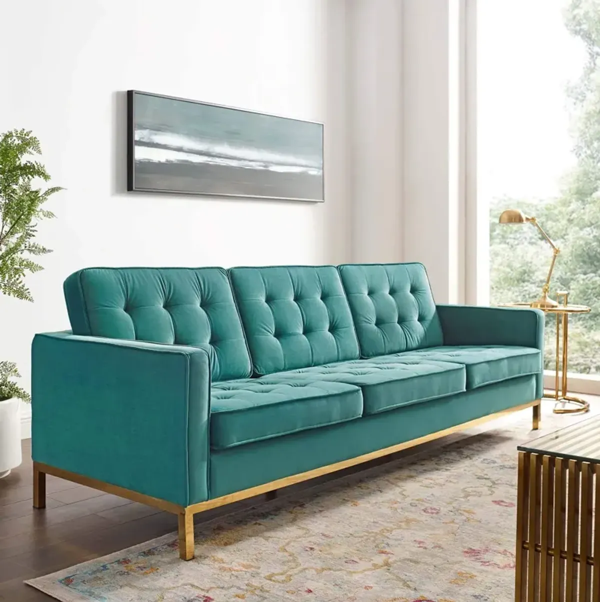 Modway Loft Tufted Button Performance Velvet Upholstered Sofa in Gold Teal