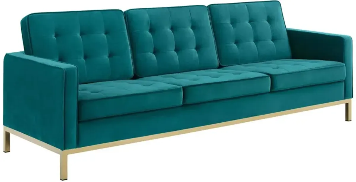 Modway Loft Tufted Button Performance Velvet Upholstered Sofa in Gold Teal