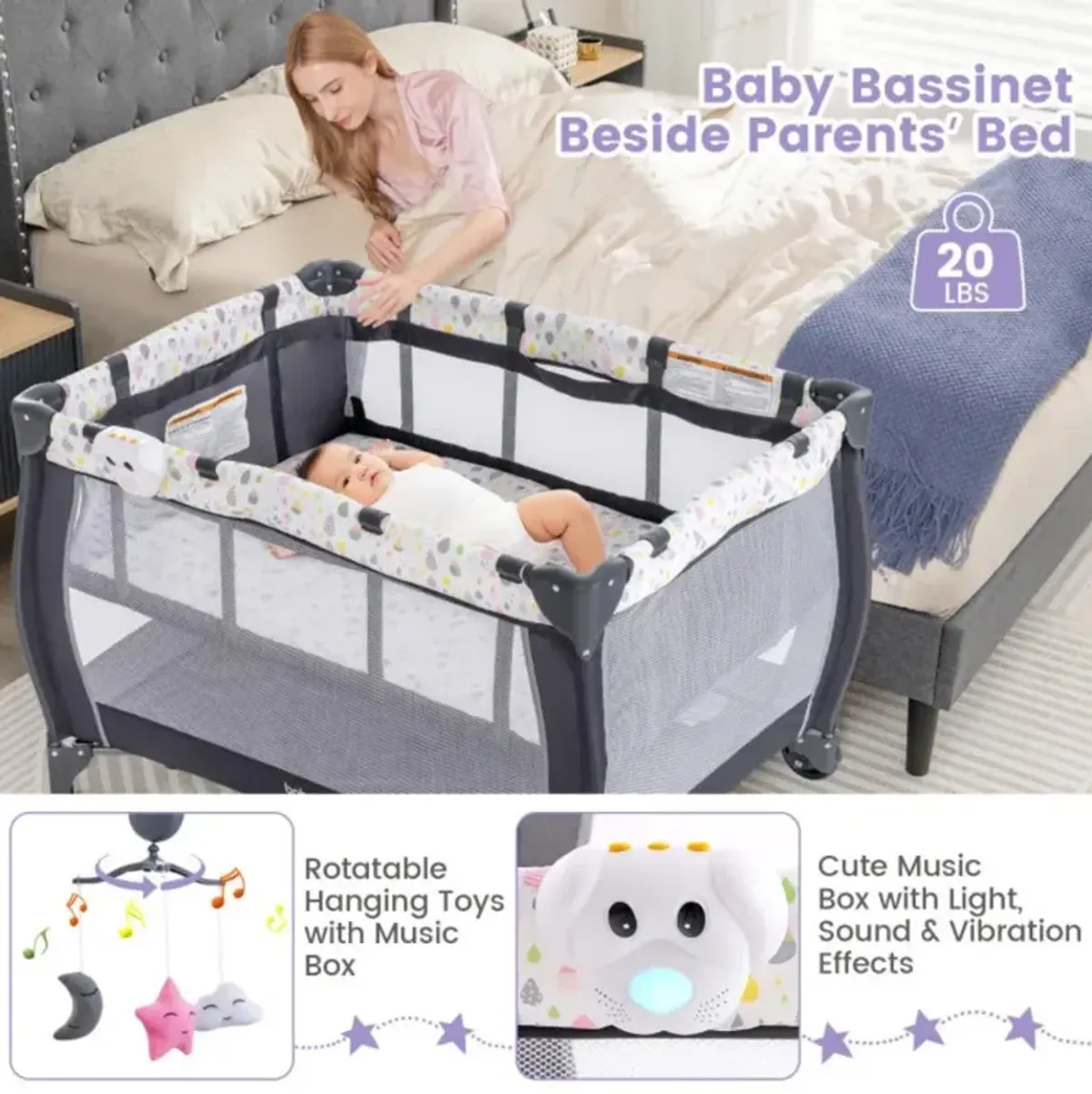 Portable Baby Playard with Changing Table Bassinet and Music Box