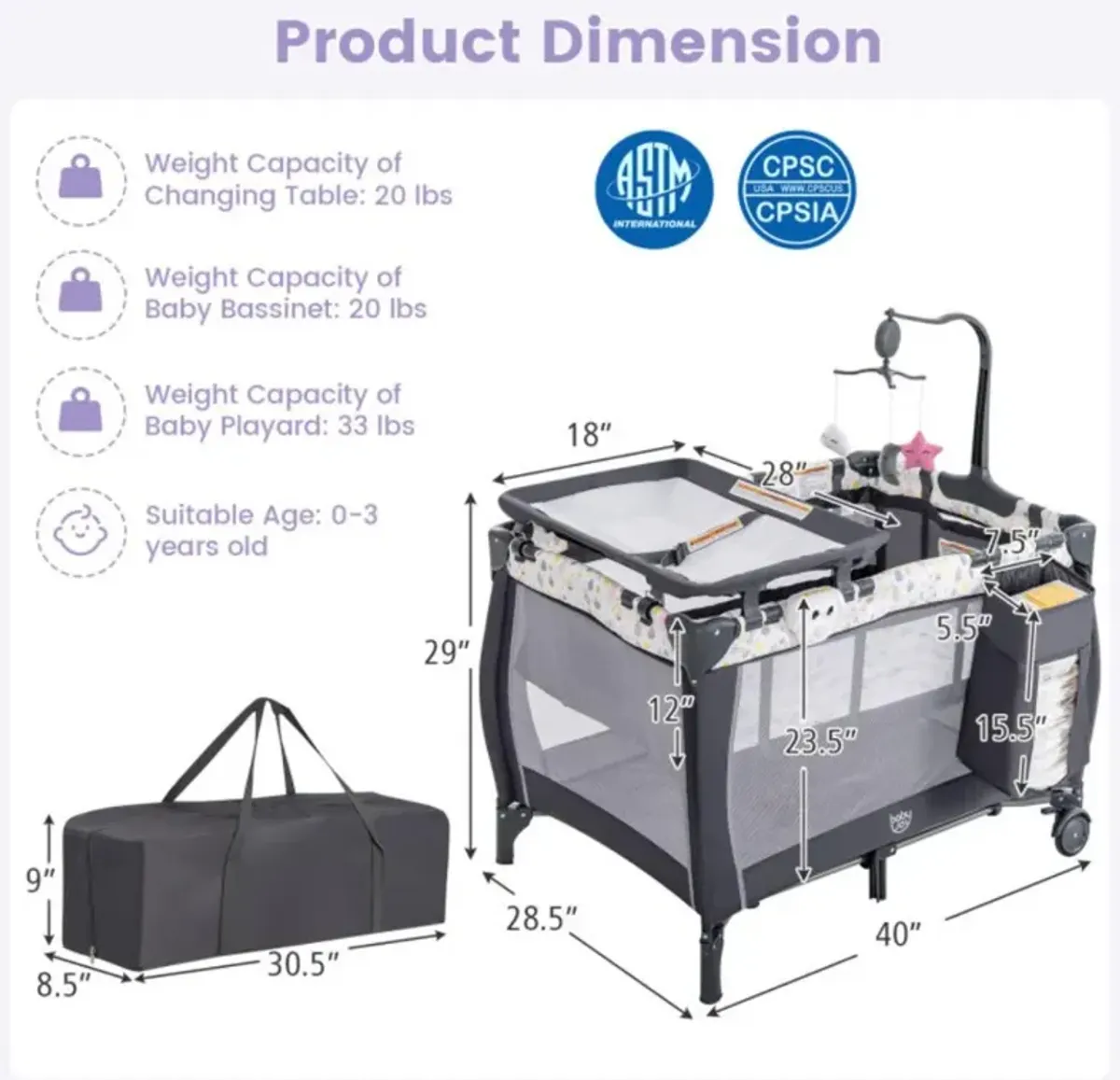 Portable Baby Playard with Changing Table Bassinet and Music Box