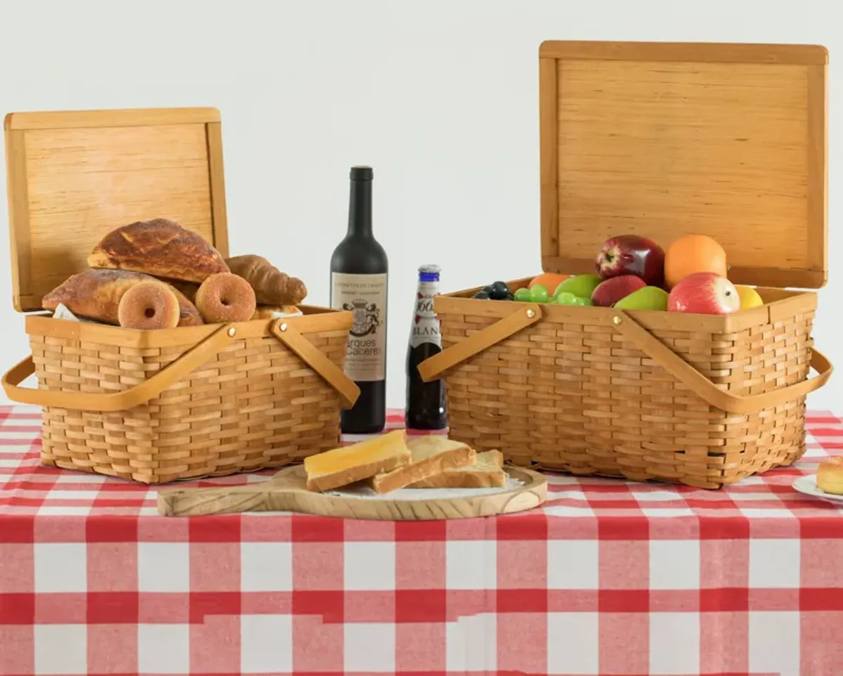 Woodchip Picnic Storage Basket with Cover and Movable Handles, Set of 2