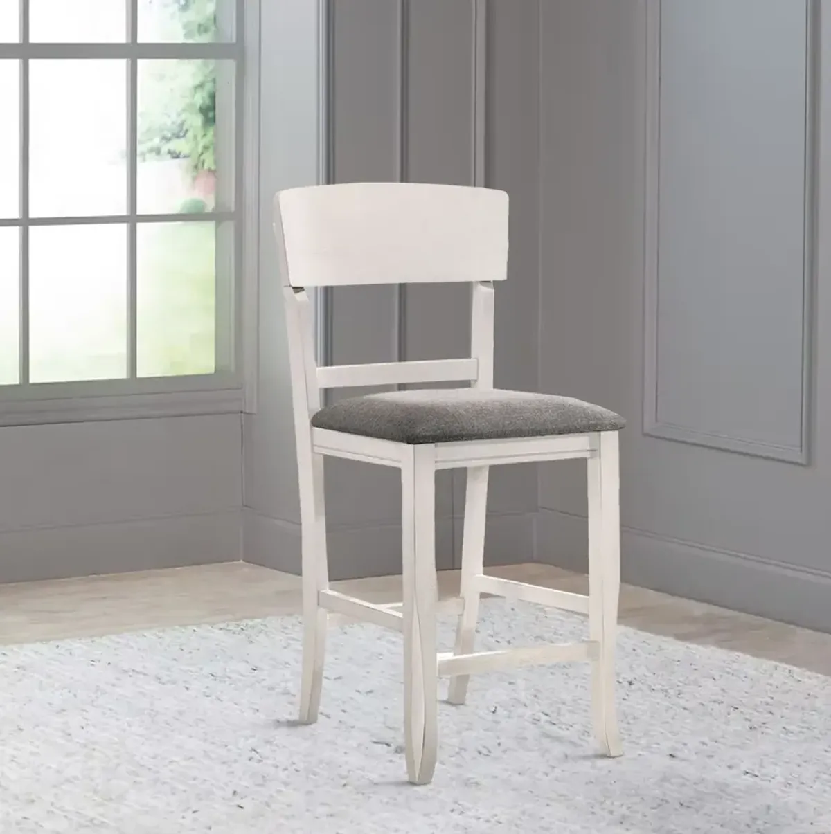 Wooden Counter Height Chair with Curved Back, Set of 2, White and Gray - Benzara