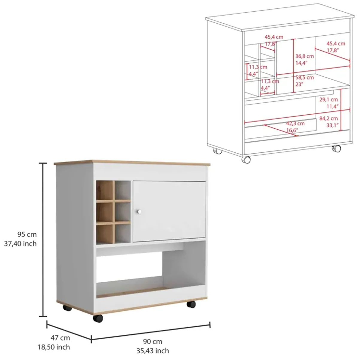 Bar Cart Aloha, Living Room, Light Oak / White