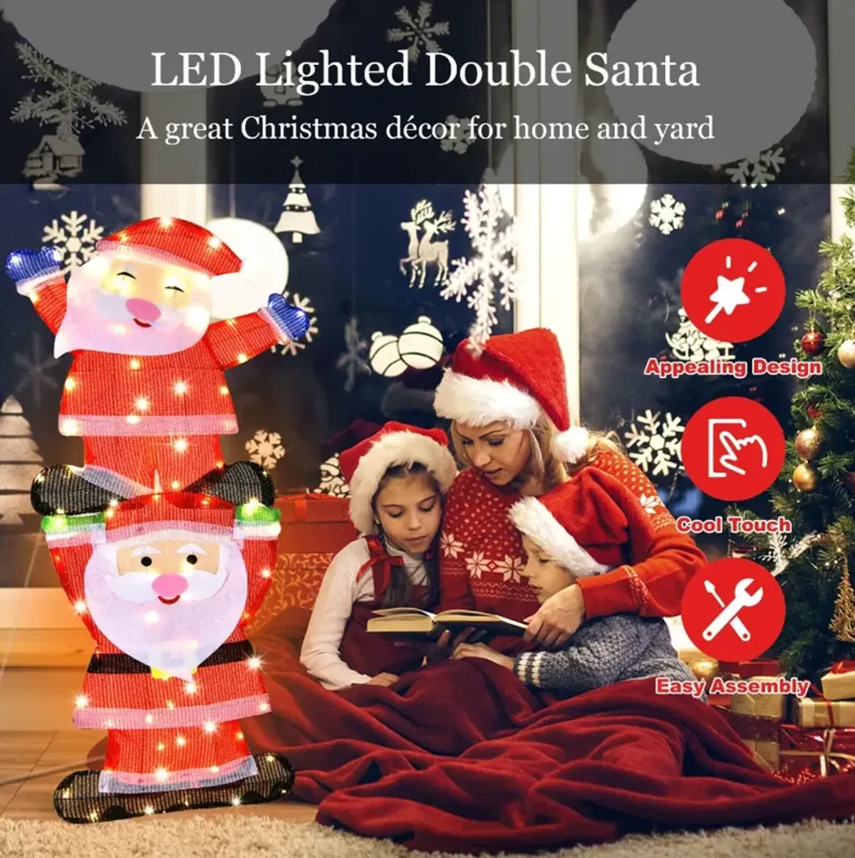 LED Double Santa Yard Christmas Decoration with String Lights and Stakes