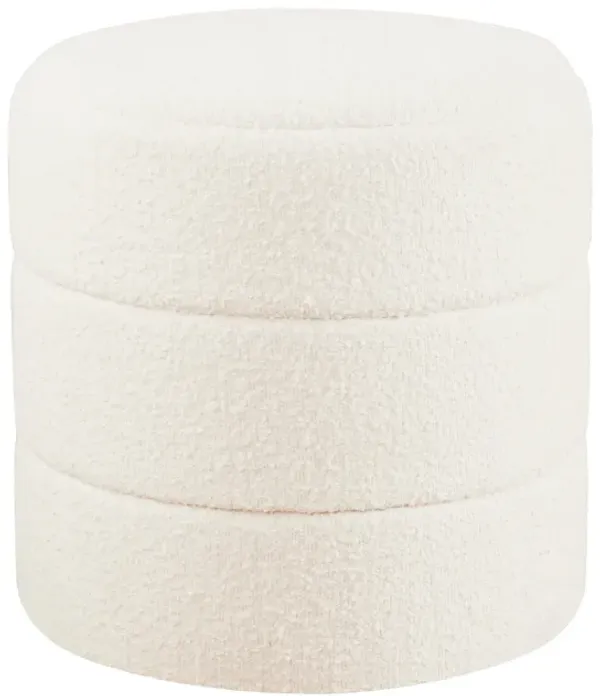 Sem Round Accent Ottoman, Cream White Chanel Stitched Boucle 18 Inch - Benzara