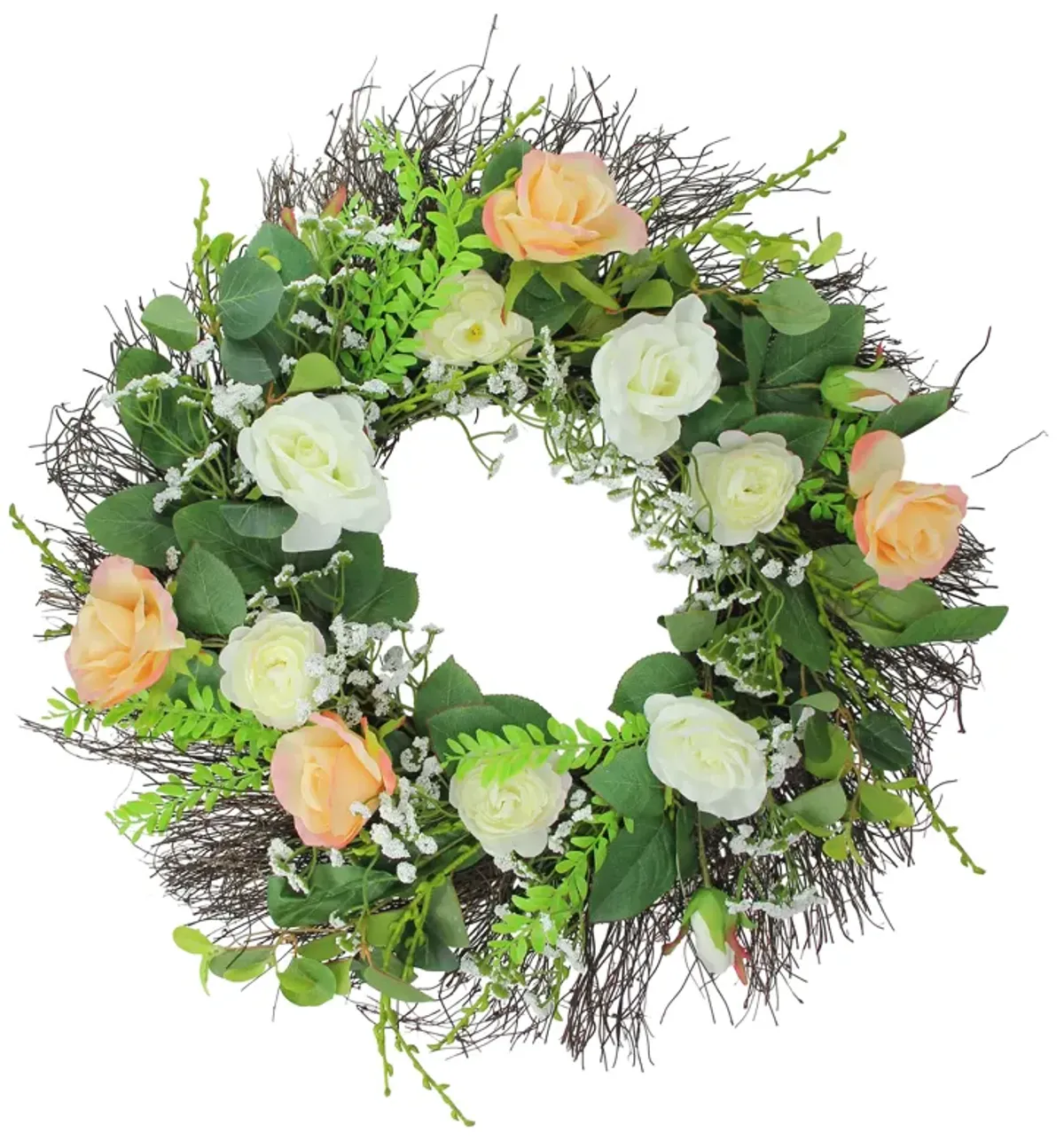 Rose and Foliage Artificial Spring Wreath - 24-Inch  Unlit