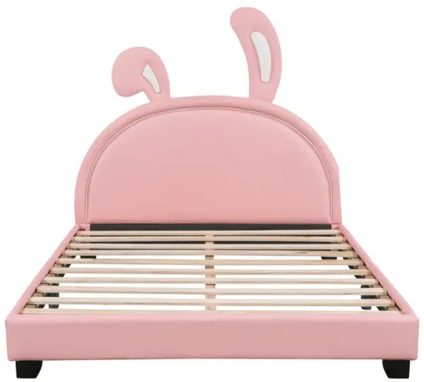 Full Size Upholstered Leather Platform Bed with Rabbit Ornament